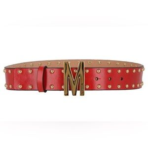 Moschino Gold Stud M-Buckle Belt Red NEW WITH TAGS